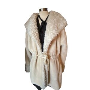 Vtg Monterey Fashions Faux curly Fur  trim Coat L/XL elastic pull/tie waist USA